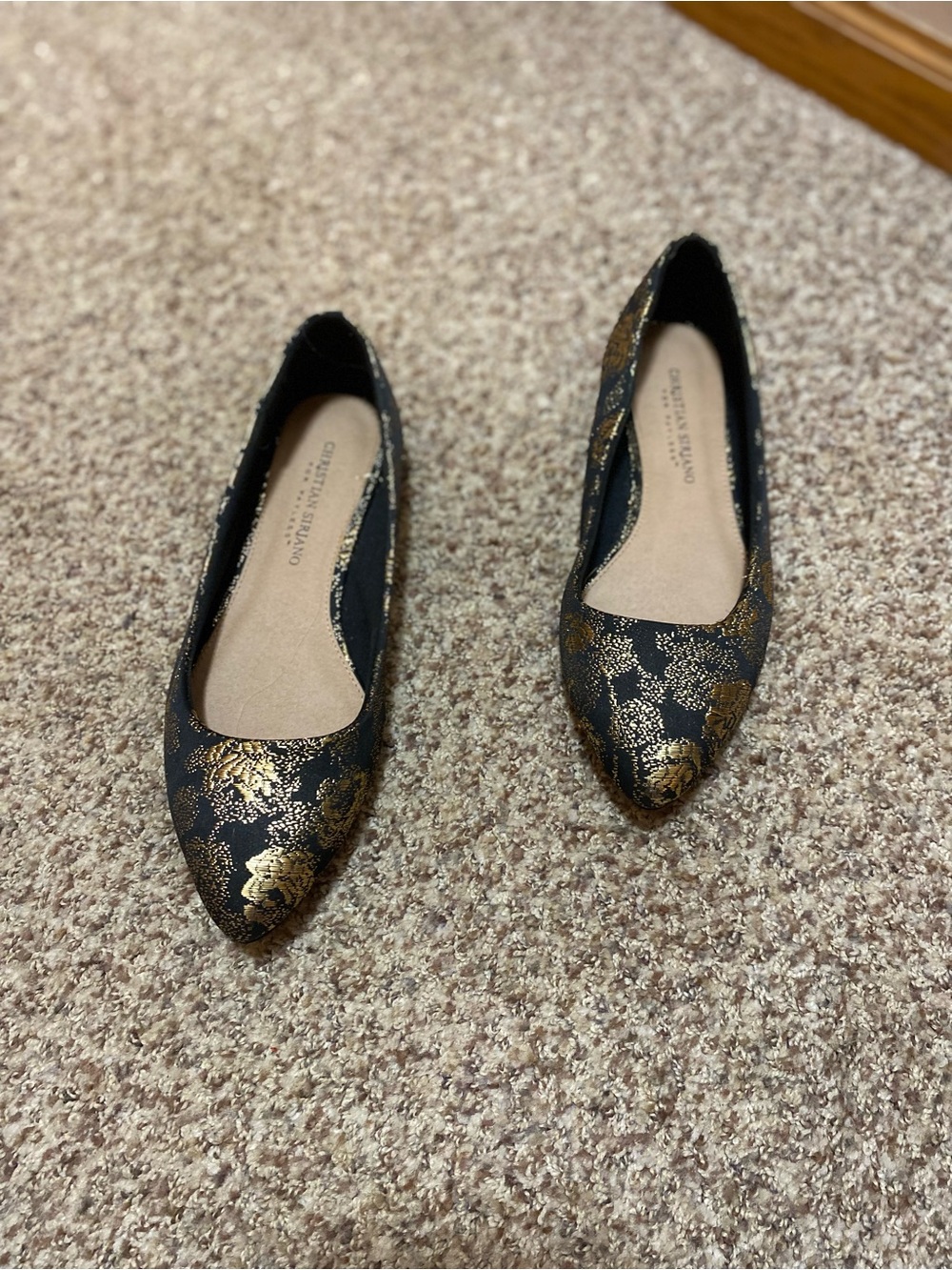 Christian Siriano Black and Gold Floral Pointed-Toe Flats